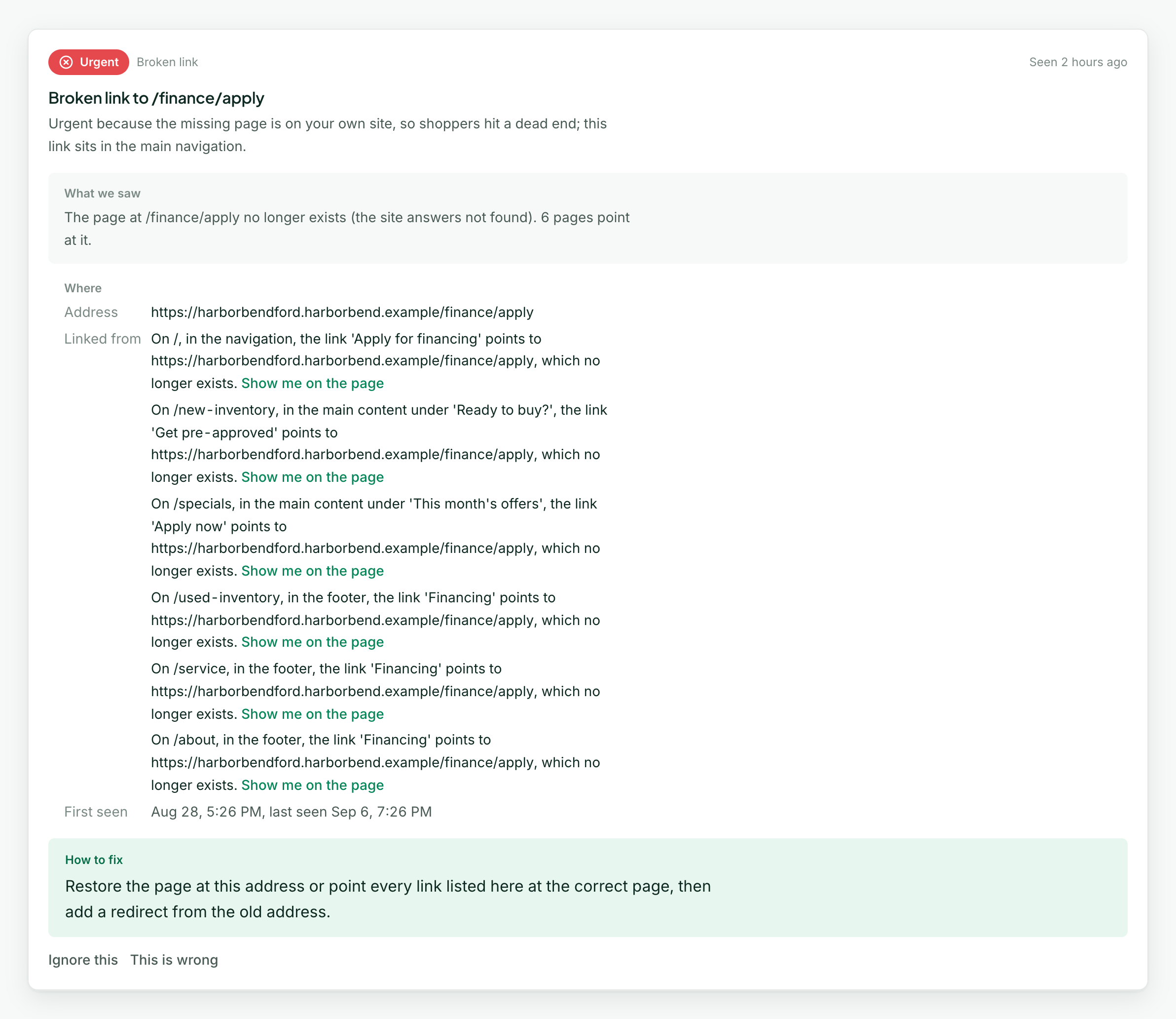 One broken-link issue: its urgency and the reason for it, what we saw, the address, every page the link sits on with a Show me on the page link, and how to fix it