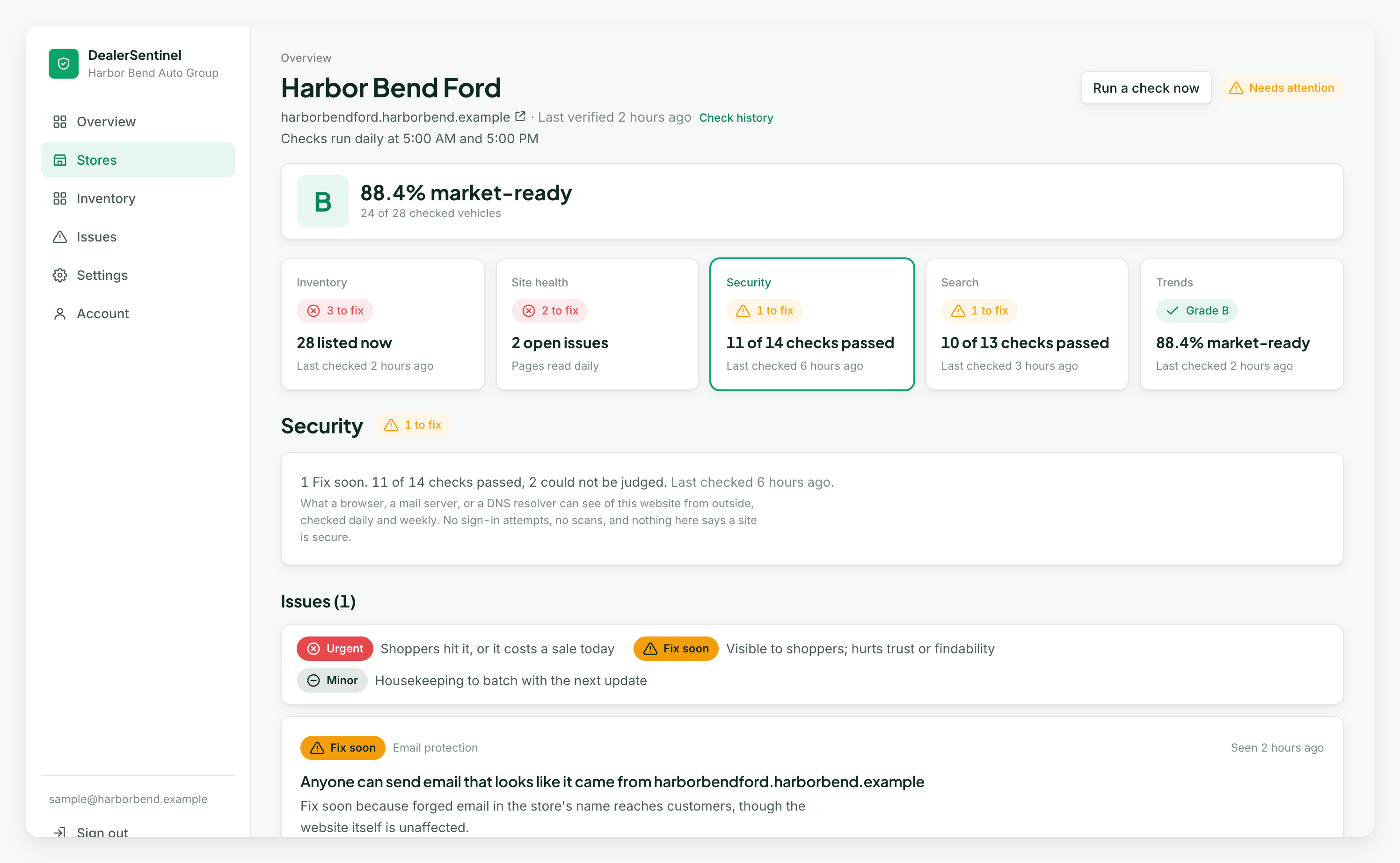 The Security tab of a store page: the checks passed, open, and not yet judged, then every one of the fourteen outside checks with its result in plain English