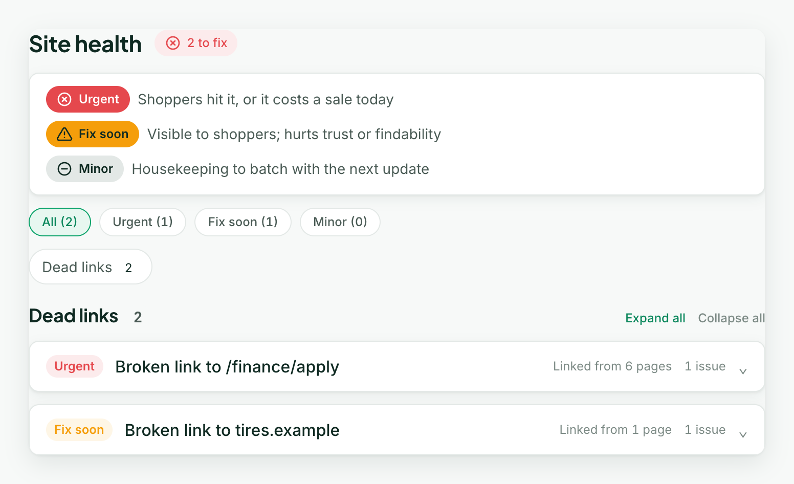 The Site health section of a store page on a sample group: the urgency legend, the filter chips, and the dead links grouped by destination, each with how many pages link to it